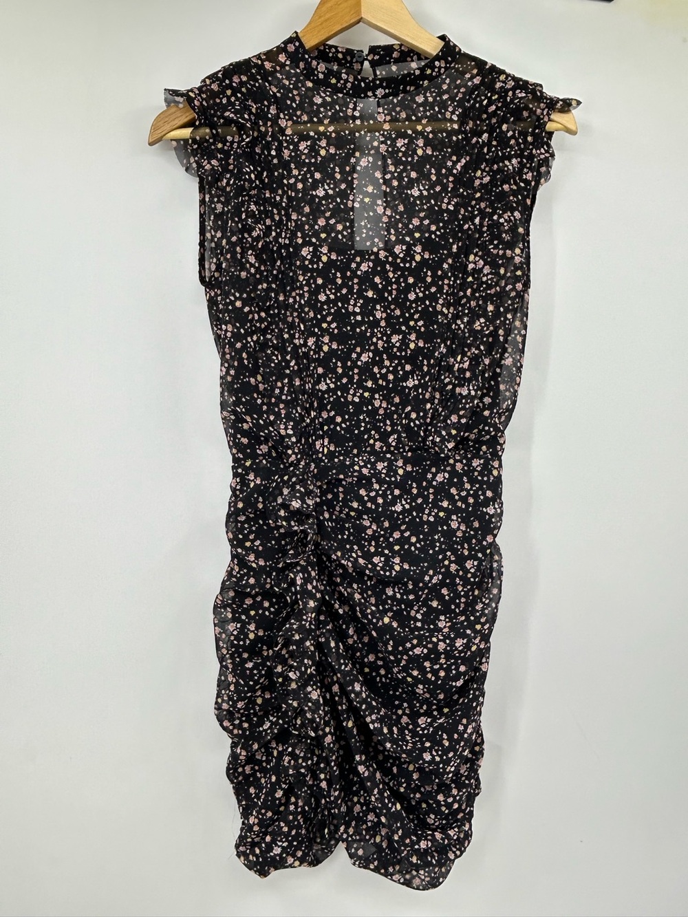 AllSaints Black Floral Sleeveless Ruched Mini Dress Size 0 Mock Neck Ruffle